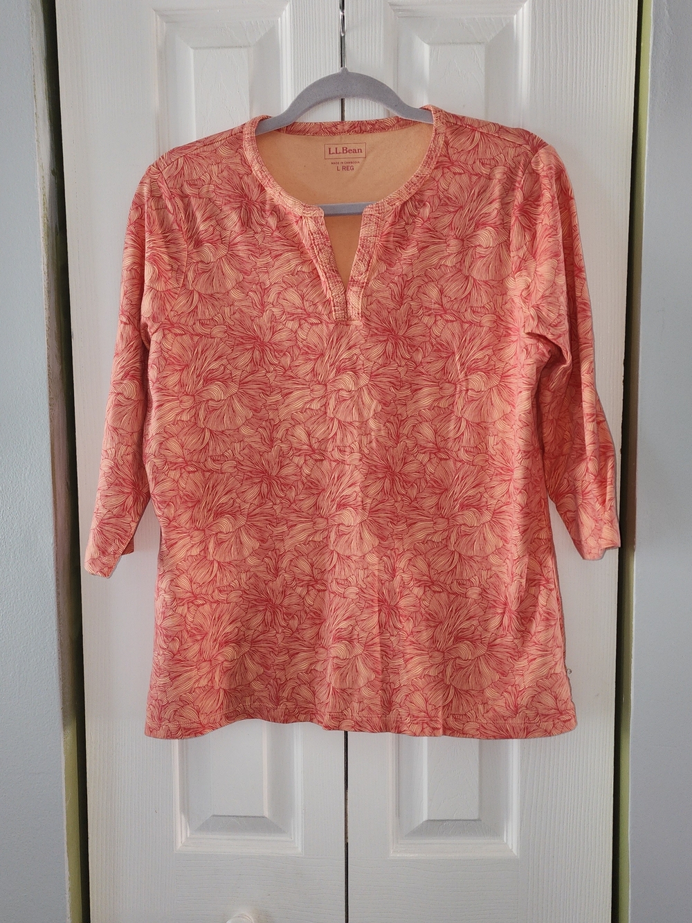 L.L. Bean Coral Floral Split-Neck Tunic Top Cottagecore Size L